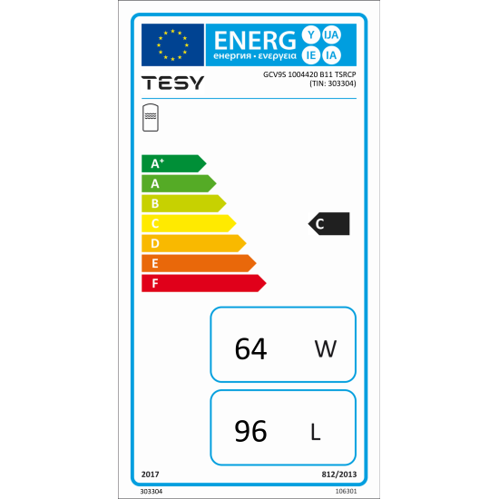 [parent_category] - Със серпентина - БОЙЛЕР TESY GCV9S (L) 10044 20 B11 TSRP 96л, вертикален, стъклокерамичен, една серпентина, изводи отдясно (отляво), 2kW