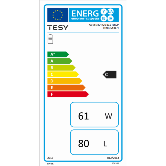 [parent_category] - Със серпентина - БОЙЛЕР TESY GCV6S (L) 8044 20 B11 TSRCP 79л, вертикален, стъклокерамичен, една серпентина, изводи отдясно (отляво), 2kW