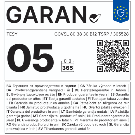 [parent_category] - Със серпентина - БОЙЛЕР TESY GCVS (L) 8038 30 B12 TSR 77л, вертикален, стъклокерамичен, една серпентина, изводи отдясно (отляво), 3kW